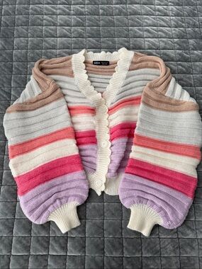 SHEIN Cream Multicolor Striped Button Cardigan with Pink & Lavender Accents